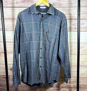 Geoffrey Beene Men's XL Gray Plaid Cotton Long Sleeve Button-Up Shirt Pocket